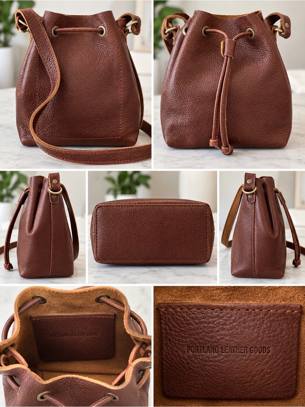 Portland Leather Chestnut Brown Pebbled Leather Drawstring Crossbody